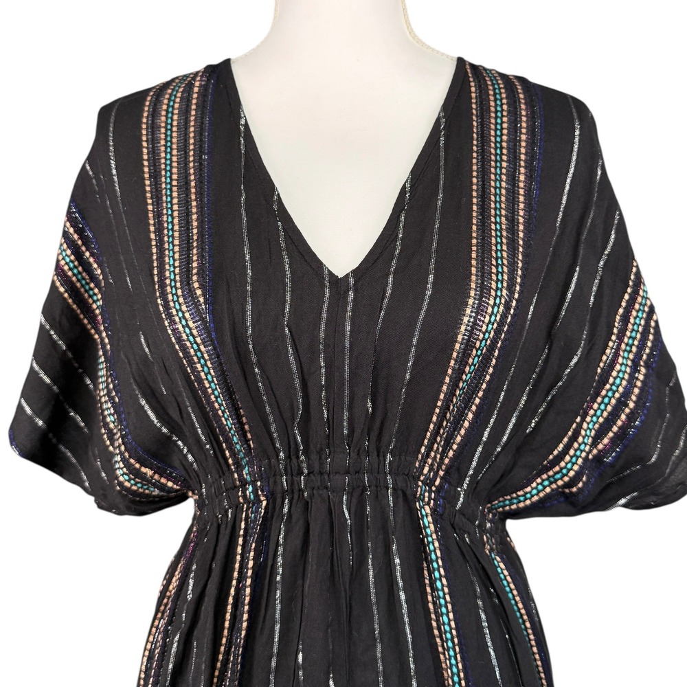 Elan Black Metallic Striped Boho Maxi Dress Small V-Neck Tiered Ruffle CTS5750 - Picture 2 of 9